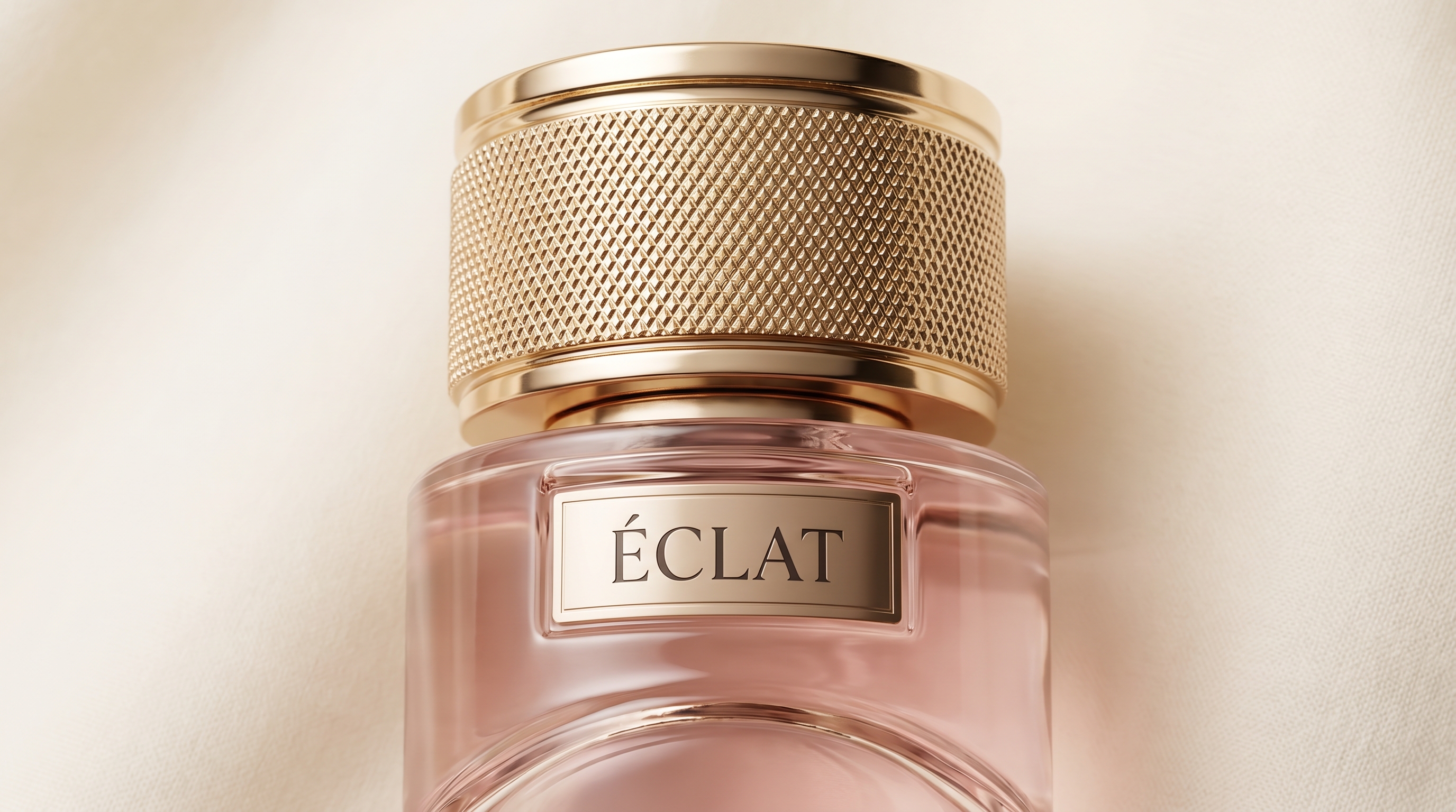 Golden droplets on ÉCLAT bottle surface creating prismatic reflections