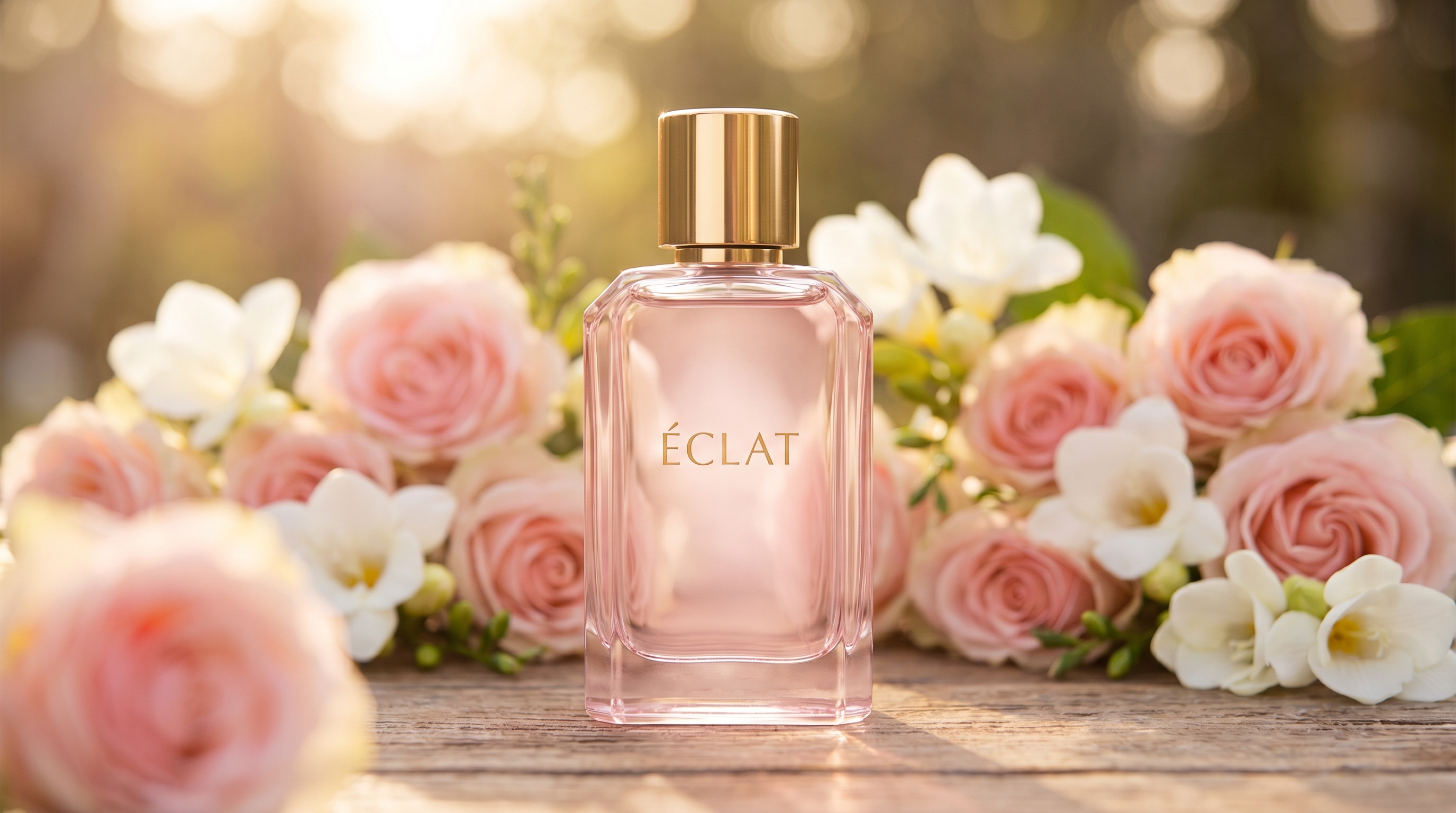 ÉCLAT Brume Parfumée 30ml bottle surrounded by garden roses and freesias
