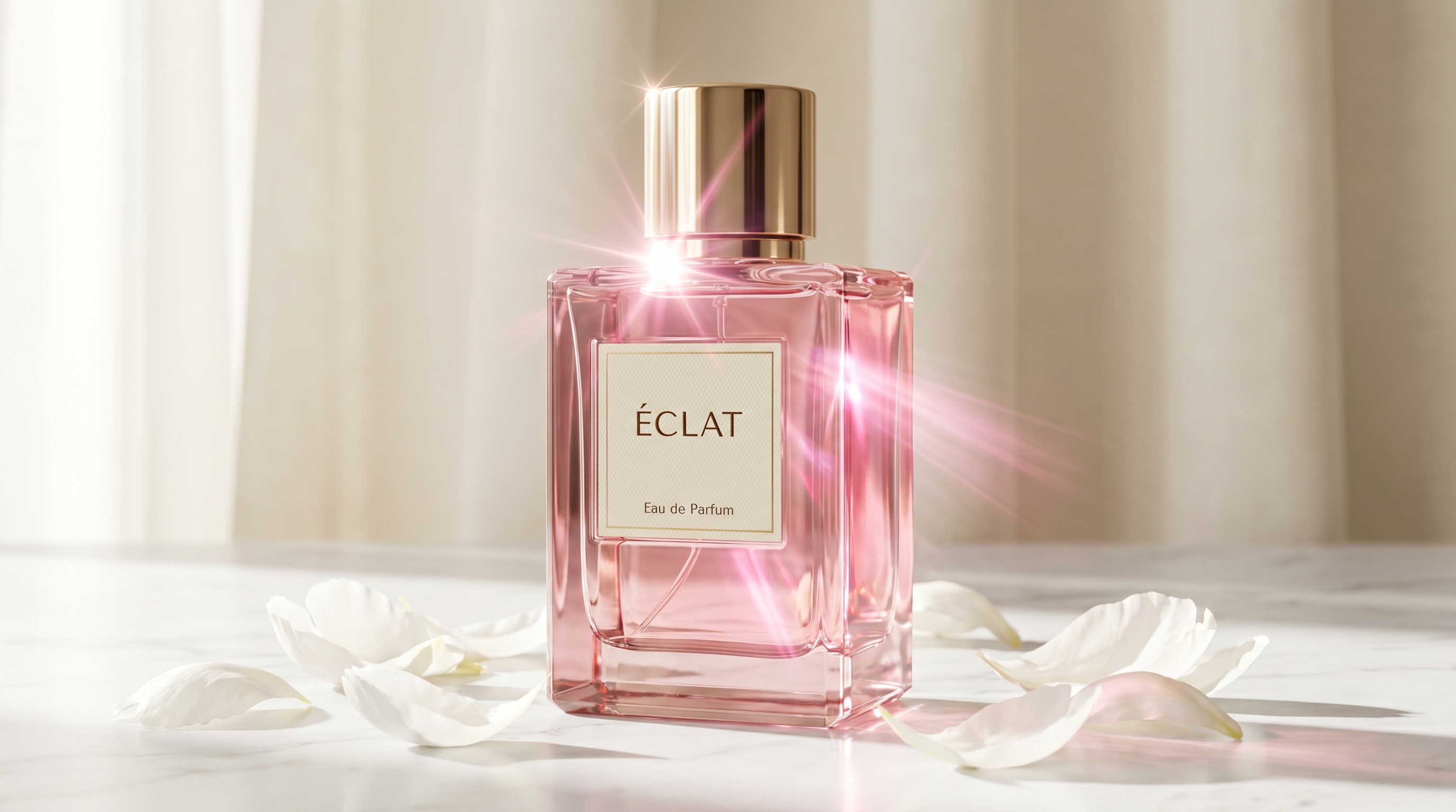 ÉCLAT Eau de Toilette 50ml bottle on marble with white petals and golden light