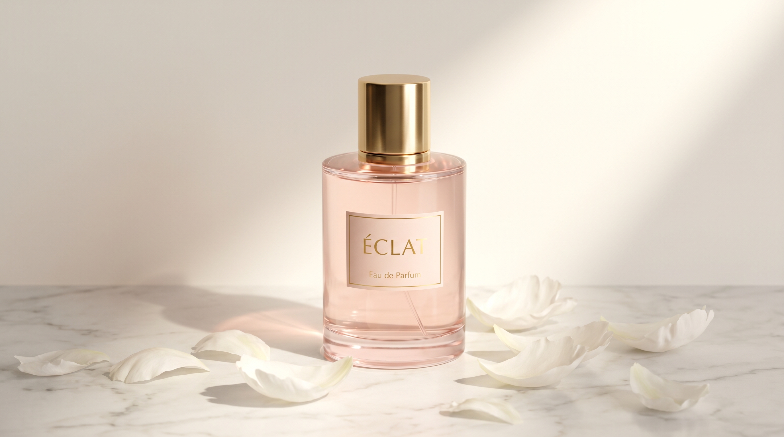 ÉCLAT Eau de Parfum bottle with white petals on marble